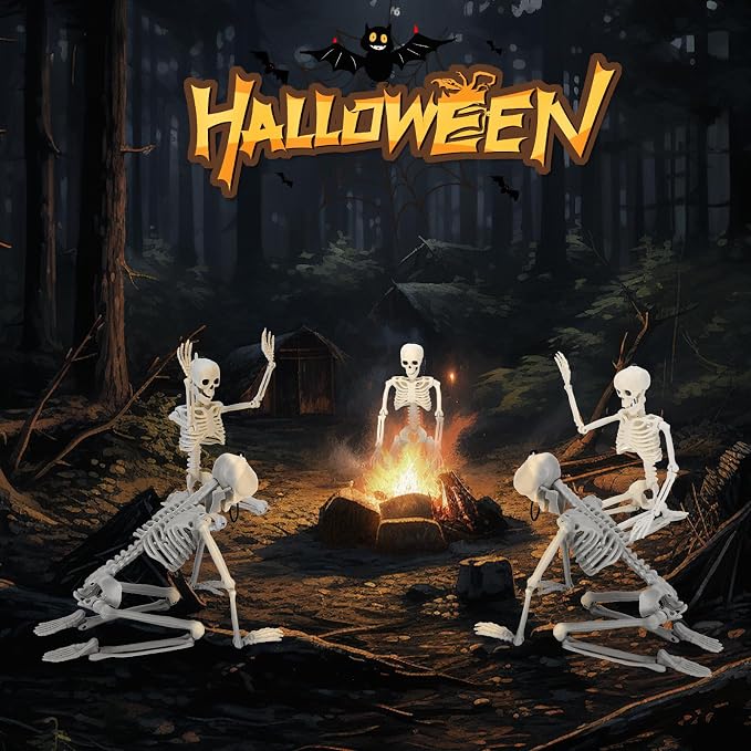 5 Packs Halloween Skeleton Decorations, 16" Halloween Mini Skeleton with Posable Joints, Spooky Poseable Plastic Skeletons for Yard Garden Lawn Haunted House Graveyard Props Decor