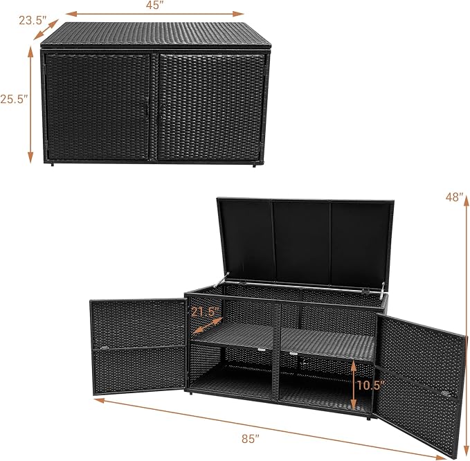 RELAX4LIFE PE Wicker Storage Box - Outdoor 88 Gallon 2-Tier Deck Box for Patio Furniture Toys Storage w/Lid & Front Doors, All Weather Rattan Storage Bin for Backyard Garden Poolside Porch (Black)