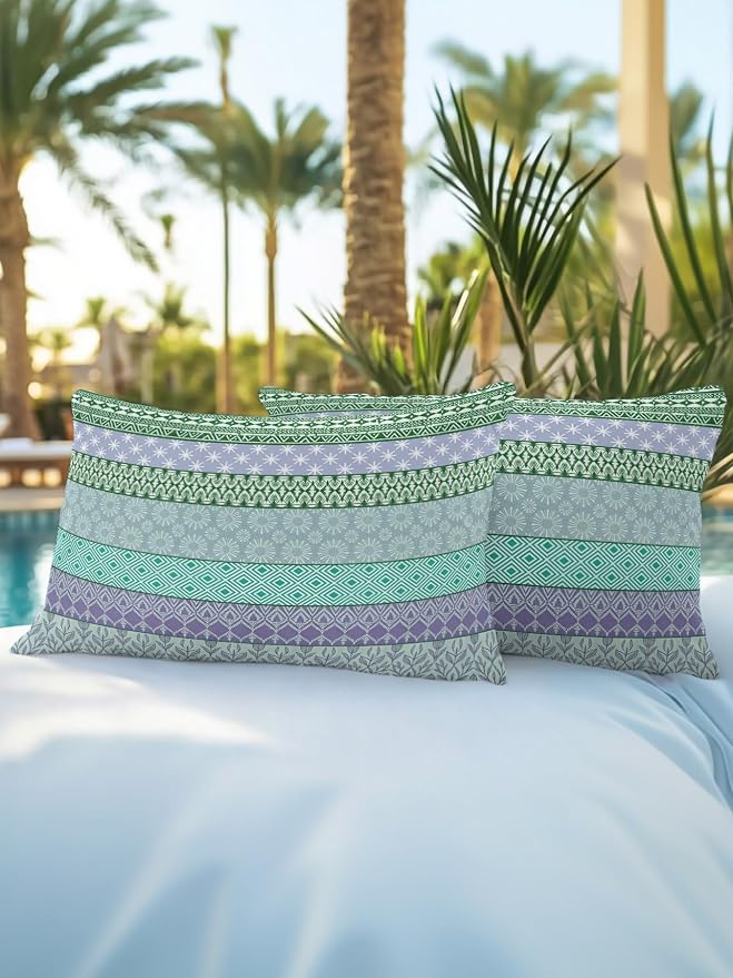 Waterproof Outdoor Pillow Set of 2 Turquoise Bohemian Decorative Throw Pillows Cover & Insert 20x12 Inch Lumbar Pillowcase Boho Style Floral Leaves Geometric Pillows for Couch Sofa Bed Patio Furniture