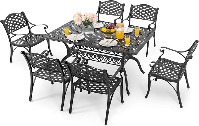 NUU GARDEN 7 Pieces Outdoor Patio Dining Sets, Cast Aluminum Rectangle Patio Table with Umbrella Hole and 6 Bistro Chairs, Armrest Dining Chairs and Bistro Table for Balcony, Backyard, Black