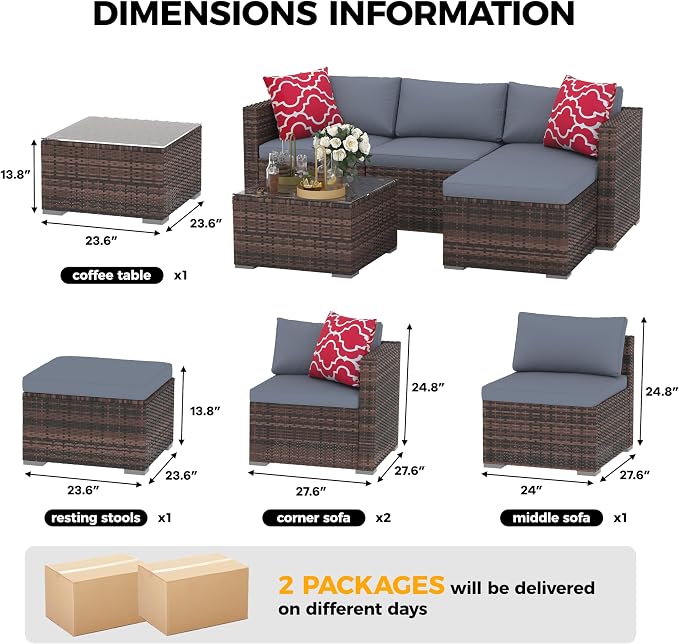 Patio Furniture Set 4 Pieces, Outdoor Patio Furniture Set with Rattan Wicker Chairs, Glass Table and Cushions for Porch, Balcony, Backyard, Garden, Poolside, Brown & Red (Brown + Light Grey, 5 Pieces)