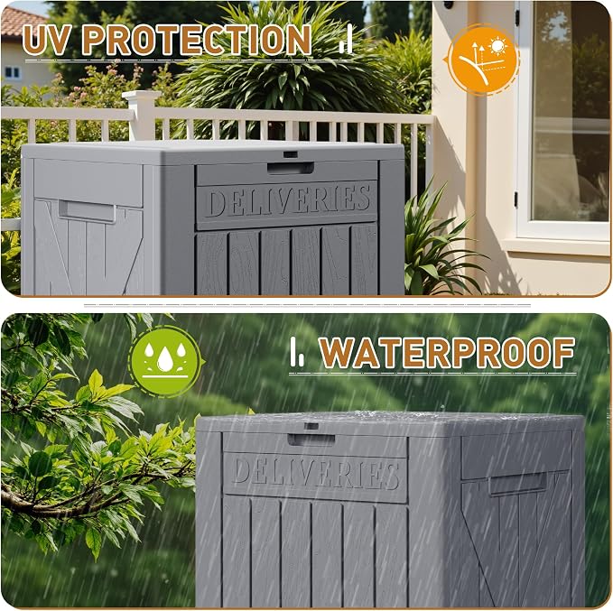 Devoko 48 Gallon Package Delivery Box Outdoor Secure Lockable, Waterproof Deck Box PP Material Storage Container for Porch, Deck (Gray, 48 Gallon)