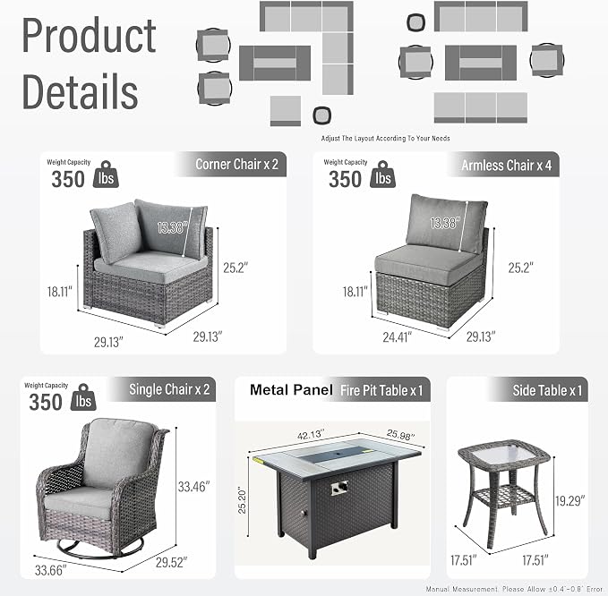HOOOWOOO Outdoor Patio Furniture Set with Fire Pit 10 Pieces Patio Set with Fire Pit Wicker Outdoor Furniture with Fire Pit Table Set Patio Conversation Set with Swivel Chairs,Dark Gray