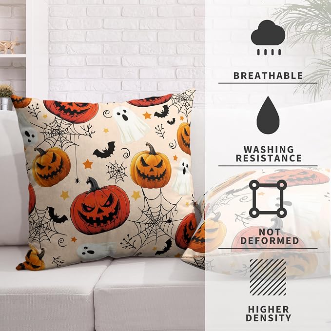 Halloween Pillow Covers 16x16 Set of 2 Jack-O-Lantern Bat Spider Web Ghost Throw Pillow Covers Horror Pumpkin Pillowcase Holiday Decor Cushion Case for Party Outdoor Sofa
