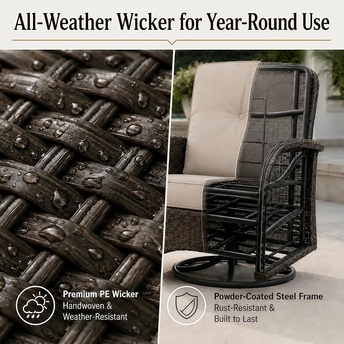 HUMMUH 3-Piece Wicker Swivel Rocking Patio Furniture Set, Brown/Beige | Powder-coated steel frame, hand-woven PE wicker, 250 lb capacity, 4-inch sponge cushions, 5mm tempered glass side table