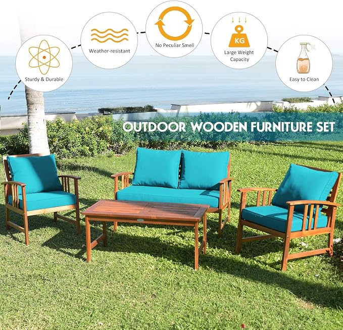 Tangkula 8 Pieces Acacia Wood Patio Furniture, Outdoor Seating Chat Set w/Gray Cushions & Back Pillow, Conversation Set w/Coffee Table for Garden, Backyard, Poolside