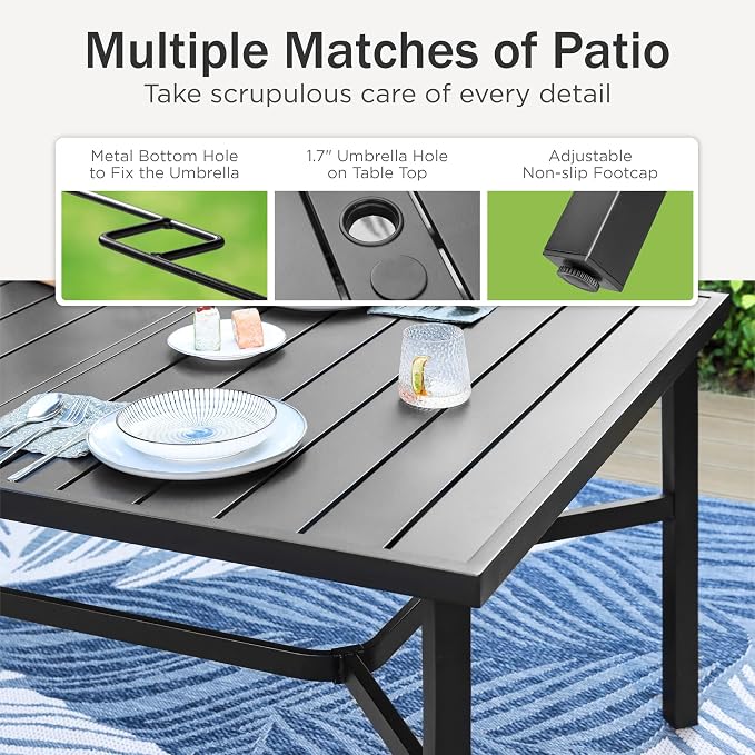 PHI VILLA Outdoor Dining Set for 8 w/Metal Table & Folding Chairs, Black | Light-weight & space-saving, Breathable & quick-drying, Rectangular, Umbrella Hole, Weather-Resistant, Adjustable, Patio deck