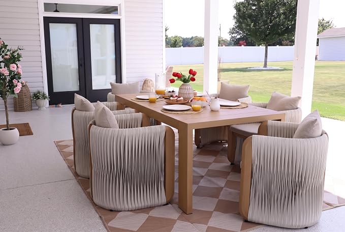 PURPLE LEAF Outdoor Dining Set for 6 with Blended Olefin Cushion Aluminum Luxury Patio Furniture Table and Chairs Set All Weather Wicker Patio Dining Sets for Backyard Garden Deck Poolside, Teak