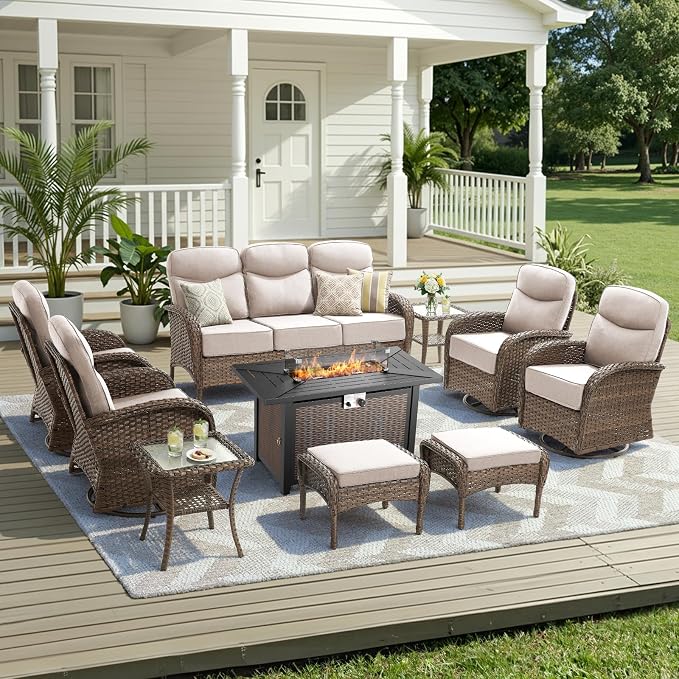 10 Pieces Luxury Patio Furniture Set with 42.5" Fire Pit Table, 6-Inch Thick Cushions Wicker Outdoor Furniture with Swivel Patio Chairs Set of 4, Outdoor Patio Conversation Set for Garden Deck, Beige