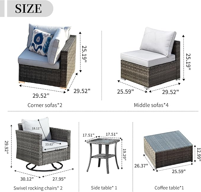 HOOOWOOO 10 Piece Patio Sectional Furniture Set with Swivel Rocking Chairs,Modern Wicker Outdoor Conversation Sofa Sets,Weather Resistant Modular L Shaped Outside Couch Set(Navy Blue)