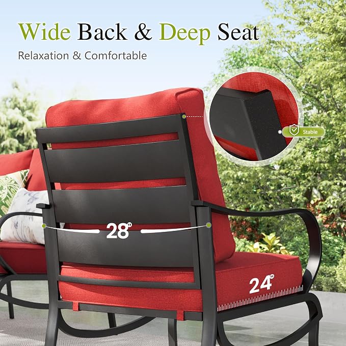 Sophia & William Patio Furniture Sets for 5 Outdoor Metal Conversation Sets 5 Pcs with 2 x Cushioned Swivel Sofa Chairs, 2 x Ottomans as Coffee Table, 1 x 3-Seat Sofa, Lawn Backyard Poolside Red