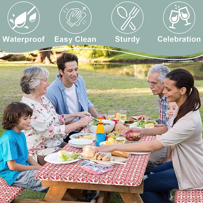 misaya Picnic Table Cover with Bench Cover, Waterproof Elastic Fitted Tablecloth for 6 Foot Tables, Rectangle Washable Polyester Tablecloths for Picnic, Camping, Outdoor (Red, 30" x 72")