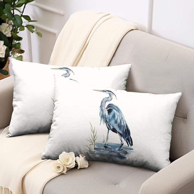 Watercolor Heron Lumbar Pillow Covers Pelican Throw Pillow Covers 12x20 Set of 2 Summer Bird Pattern Double Sided Printing Pillow Case for Farmhouse Patio Living Room, Cotton Linen