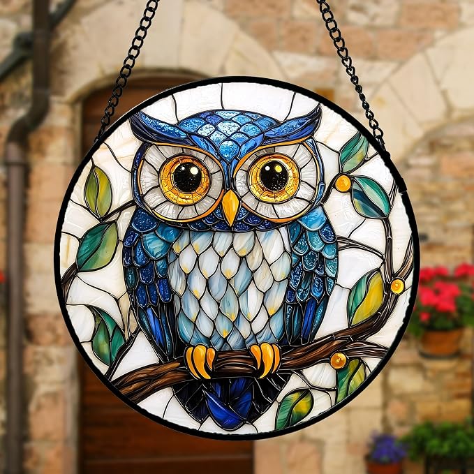 DASTOLL Stained Glass Window Hanging, Owl Gifts for Women Sun Catchers Diamond Glass Panel Hangings Birds Suncatcher Decor for Birthday for Women, Men, Wife, Aunt, and Mom 11.8x11.8 in