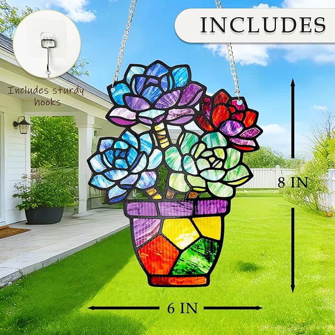 Plant Suncatcher Glass, Stained Glass Suncatcher Plant Window Hanging, Unique Nature Lover Gifts Leaf Idea (Succulent)