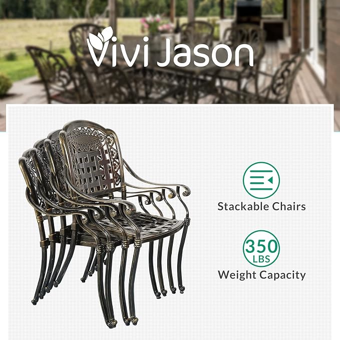 VIVIJASON 5-Piece Patio Furniture Dining Set, All-Weather Cast Aluminum Outdoor Conversation Set, Include 4 Chairs and a 35.4" Round Table w/Umbrella Hole for Balcony, Lawn, Garden, Backyard
