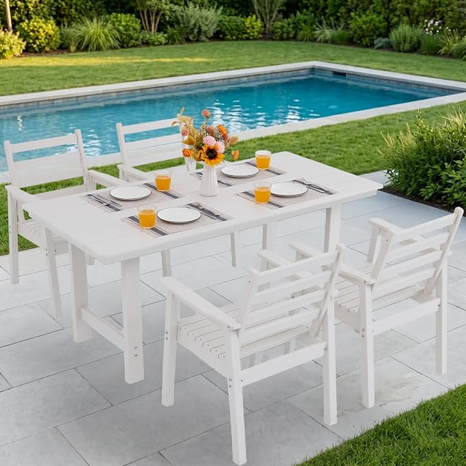 5-Piece Outdoor Dining Set, All-Weather HDPE Patio Furniture, 66.5" Slatted Table with 1.6" Umbrella Hole & 4 Ergonomic Armchairs, Heavy Duty 350lbs Capacity, UV Resistant, White