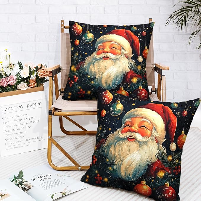 Christmas Santa Pillow Covers Xmas Throw Pillow Covers 24x24 Set of 2 Black Red Holiday Pillowcase Double Sided Printing Cotton Linen Cushion Case for Living Room Sofa Couch