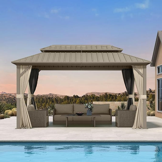PURPLE LEAF 8' x 14' Outdoor Hardtop Gazebo, Champagne Aluminum Gazebo with Galvanized Steel Double Roof, Curtains and Netting for Patio Lawn and Garden