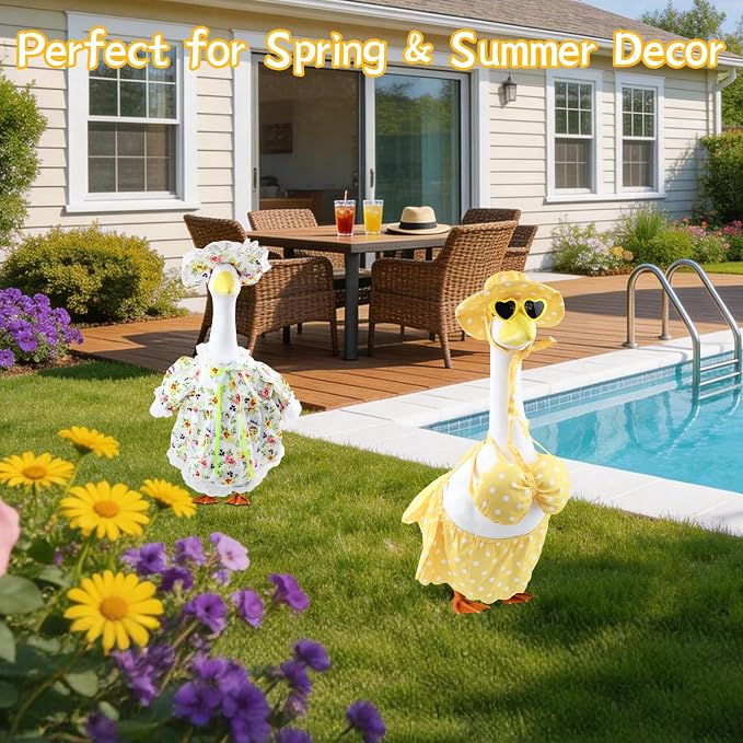 23 Inch Porch Goose Outfits 2 Pack, Summer Goose Clothes with Floral Dress, Hat, Bikini Set, Sun Hat and Heart Sunglasses for Cement Goose Statue Yard Garden Decor