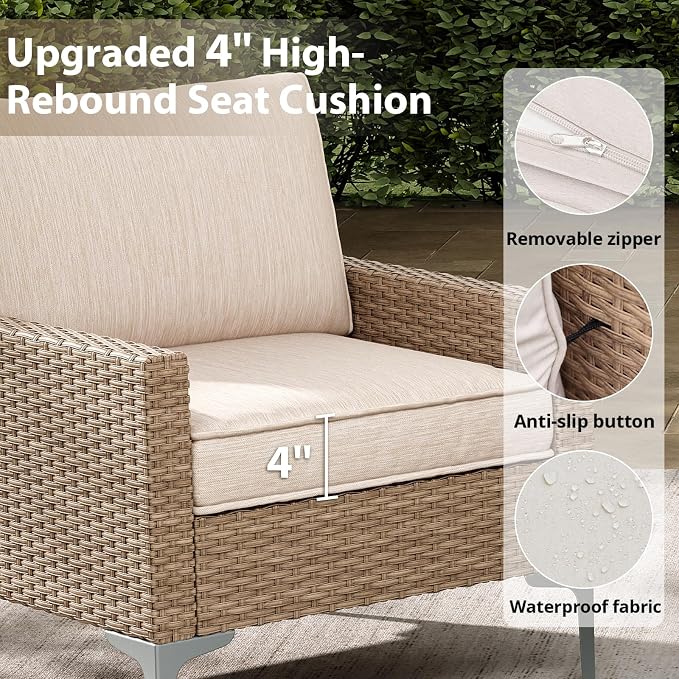 Jing's Villa 2-Piece Outdoor Sectional Single Chair Set, All-Weather Wicker Patio Furniture with L/R Armrest & Cushions, Comfortable Garden Conversation Set for Backyard, Poolside, Deck,Beige