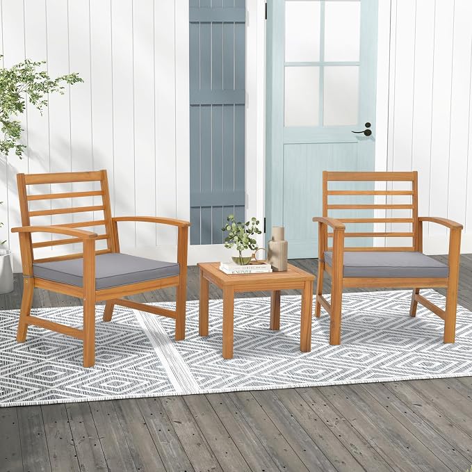 Tangkula 3 Pieces Outdoor Furniture Set, Acacia Wood Conversation Set with Soft Seat Cushions, Stable Acacia Wood Frame, Patio Sofa & Coffee Table Set for Backyard, Porch, Poolside (Grey)