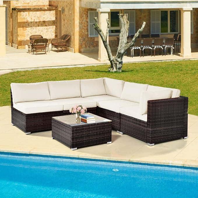 HAPPYGRILL 6 Pieces Outdoor Patio Furniture Set, PE Rattan Conversation Set with Tempered Glass Coffee Table and Cozy Cushions, Weather Resistant Sectional Sofa Set, White