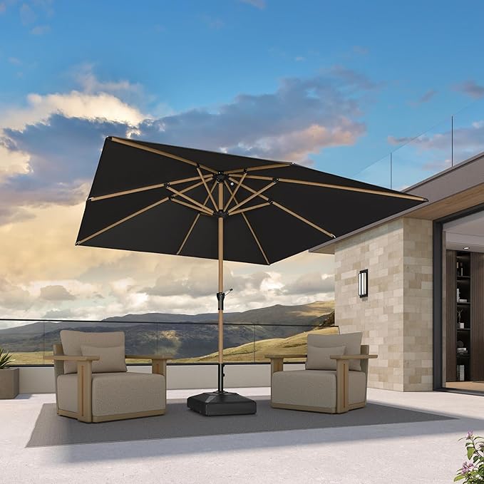 PURPLE LEAF 10' x 10' Square Patio Umbrella with Base Outdoor Umbrella Market Umbrella with Crank & 8 Ribs Aluminum Table Umbrella Outdoor Patio for Backyard, Black