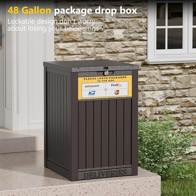 LHBGO Package Delivery Box for Outside with Sign, 48 Gallon Storage with Lockable Secure, Large Double Wall Resin Outdoor Package Delivery Waterproof