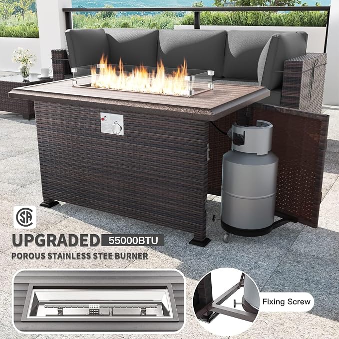 Kullavik 11PCS Outdoor Patio Furniture Set,PE Wicker Rattan Sectional Sofa Patio Conversation Sets with 43" 55000BTU Gas Propane Fire Pit Table,Swivel Rocking Chairs Set,Grey