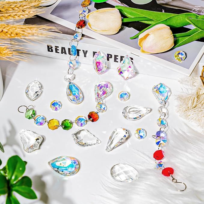 212pcs Sun Catcher Crystal Making Kit for Adults Prism Crystals Lamps Decor | K9 crystal prism suncatcher, rainbow maker for window & home, 12 hanging prisms set, shiny decor pendants chandelier part