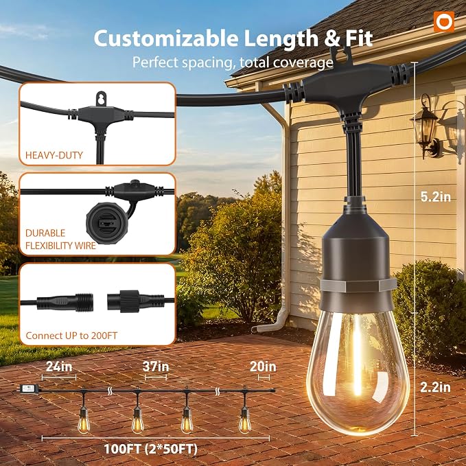 addlon 100FT Outdoor String Lights with Remote Dimmable Waterproof Patio | 50 Warm White Edison Bulbs, Heavy Duty Shatterproof Hanging Strand for Outside Backyard Porch Garden Bistro Pergola Party