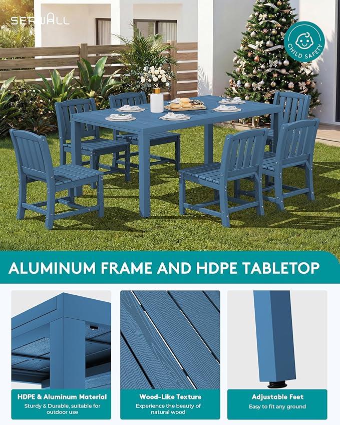 SERWALL Outdoor Dining Chairs Set of 4, All-Weather HDPE Patio Armless Chairs, Blue
