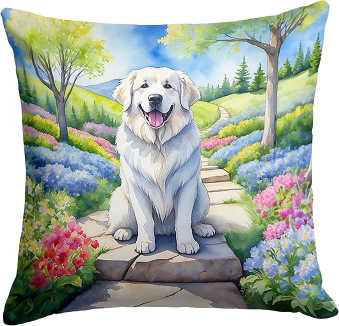 Caroline's Treasures Great Pyrenees Spring Path Throw Pillow Machine Washable, Indoor Outdoor Decorative Pillow for Couch, Bed or Patio, 18Hx18W