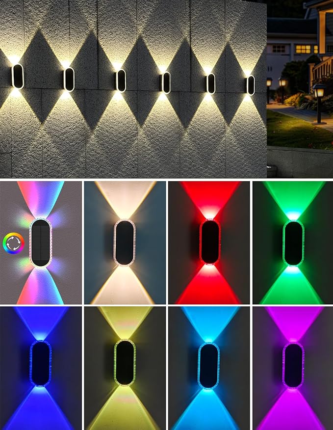 Solar Fence Lights Outdoor, Warm White & RGB 8 Modes Solar Wall Lights Outdoor Waterproof, Up&Down Dual-Head Outdoor Solar Lights for Yard House Fence Backyard Deck Garden Patio Porch, 6 PK