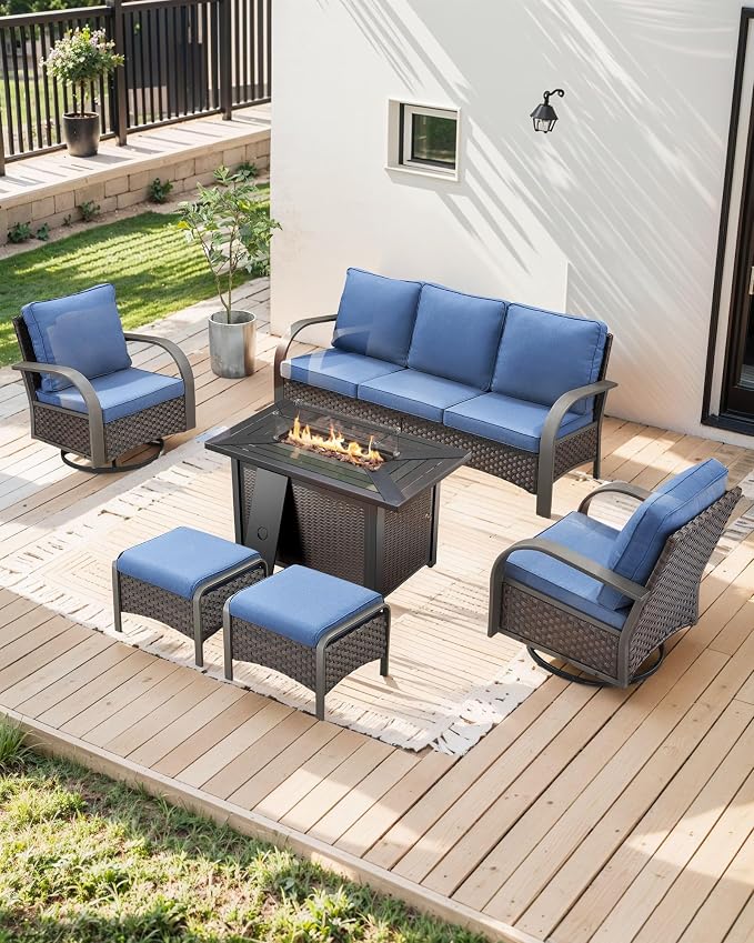 HUMMUH Patio Conversation Sets with Fire Pit-All Weather Wicker Outdoor Swivel Chair with Patio Couch Outdoor Patio Furniture for Deck Porch Garden Poolside Backyard-Brown/Blue