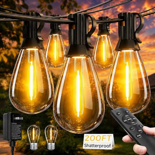 Tenmiro 200FT LED Outdoor String Lights with Remote, 72+2 Shatterproof Bulbs Dimmable Timing 3 Light Modes Outside Patio Lights for Backyard Porch Deck Garden Balcony Pool party Hanging Lighting Decor