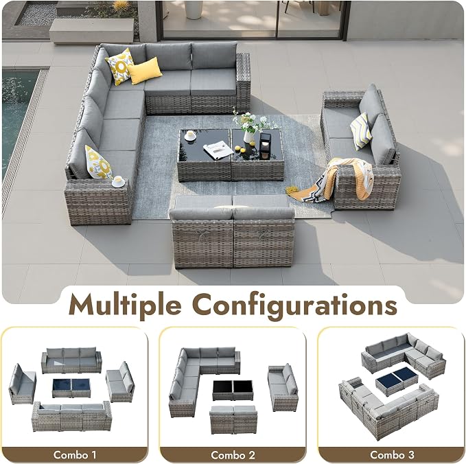 12 Pieces Patio Furniture Set, Wicker Outdoor Sectional Sofa with Coffee Table Comfy Cushions, Modern Modular Deep Seat Rattan Couch Conversation Set for Backyard Porch Yard,Dark Grey