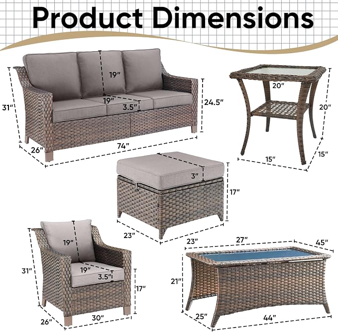 Patio Furniture Set-7 Pieces Outdoor All-Weather Wicker Conversation Set Outdoor Rattan Sofa Couch with Patio Chairs Ottomans for Porch Garden Backyard Poolside-Brown/Grey