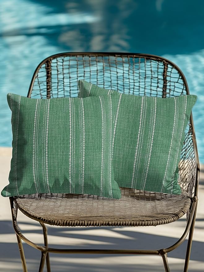 Waterproof Outdoor Pillow Set of 2 Green Linen Stripes Decorative Throw Pillows Cover & Insert 18x18 Inch Pillowcase Parallel Vertical Lines Pillows for Couch Sofa Bed Patio Furniture Indoor Outdoor
