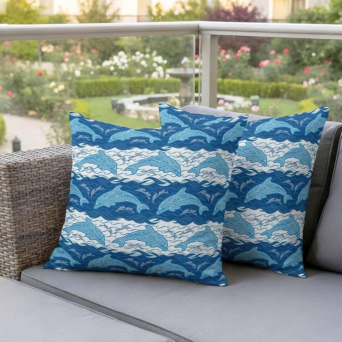 Waterproof Pillow Covers Set of 2,Summer Sea Dolphins Outdoor Pillow Protectors with Zipper Pillowcases for Patio Tent Garden Beach 18x18 Inches Blue White Waves