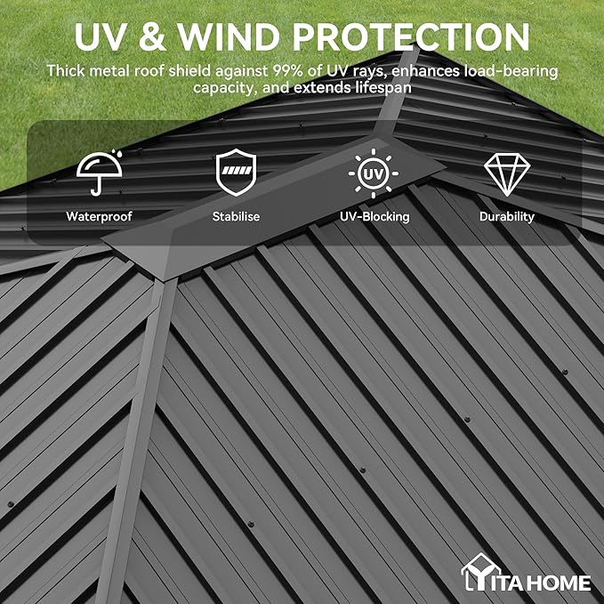 YITAHOME 10X12FT Single Hardtop Metal Gazebo Top Outdoor Patio Canopy Galvanized Iron Aluminum Column Garden Tent Curtains Netting for Backyards Decks Lawns,Gray