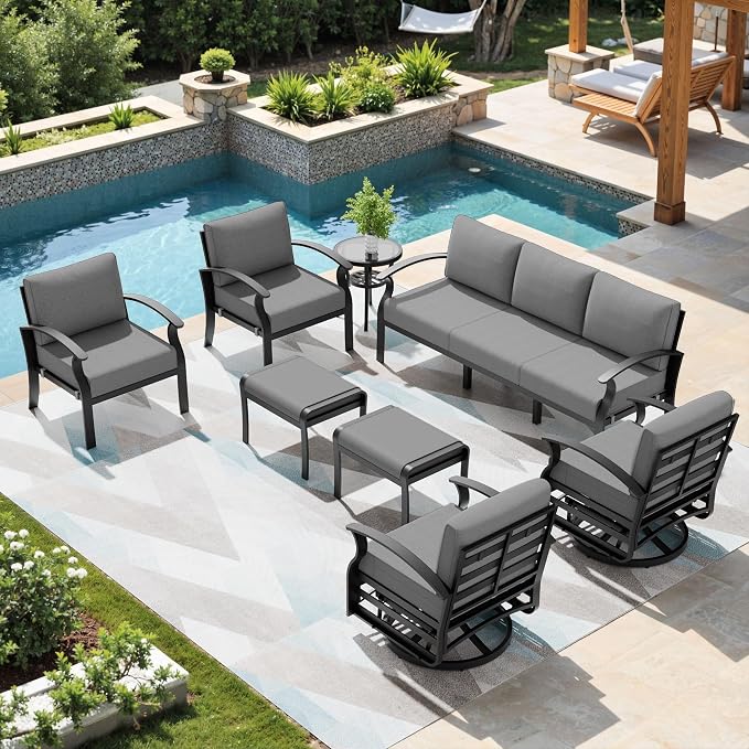 Patio Furniture Set 9-Seat Aluminum Armrest Sofa, Aluminum Outdoor Furniture with 2 Swivel Chairs, 5" Cushions, Outdoor Sectional with High Backrest & 2 Footstools for Backyard, Poolside - Grey