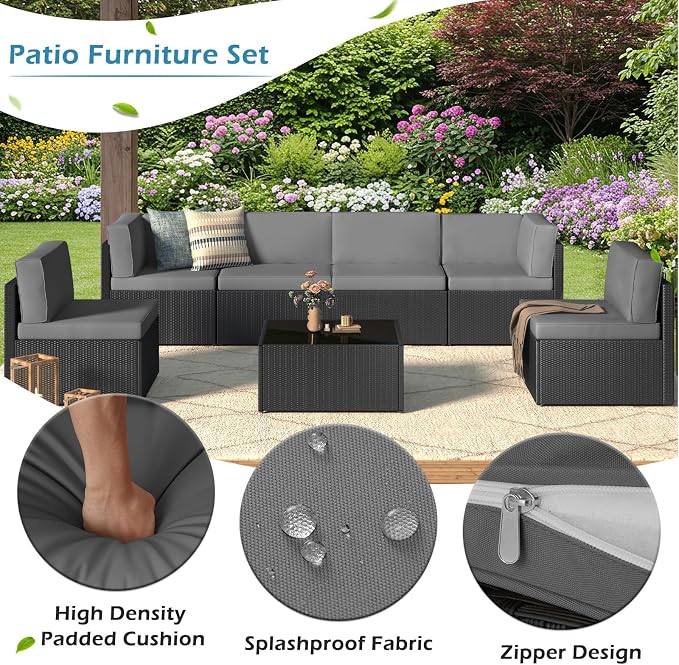 U-MAX 7 Piece Outdoor Patio Furniture Set, PE Rattan Outdoor Wicker Sectional Furniture Chair Set with Cushions and Tea Table, Black Rattan and Dark Grey Cushion