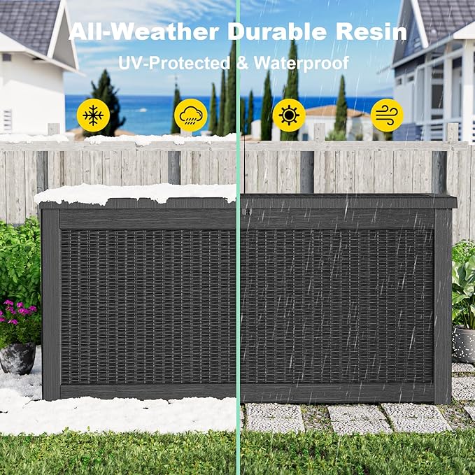 320 Gallon Deck Box Outdoor, Waterproof Outdoor Storage Boxes with Lids, Outside Resin Lockable Storage Box for Patio Cushions, Garden Tools(Black)