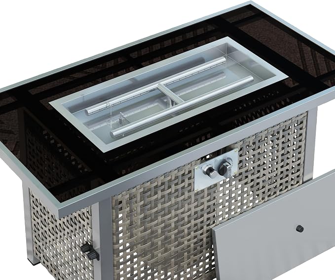 43" Propane Gas Fire Pit Table, 60000 Btu Rectangular Open Weave Wicker Fire Pit with Glass Wind Guard for Outside Patio Deck Garden Backyard - Grey