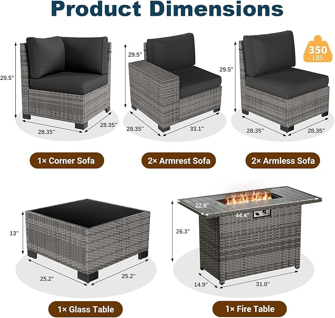 13 Piece Patio Furniture Set with Fire Pit Table, Outdoor Sectional Conversation Sets Grey Wicker Rattan Sectional Sofa for Patio Garden Backyard, 4'' Thickened Cushion Black