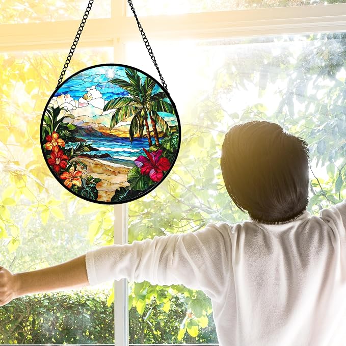 DASTOLL Stained Glass Window Hanging, Blue Beach Scenery Suncatcher Diamond Glass Panel Hangings Sun Catchers Decor for Birthday for Women, Men, Wife, Aunt, and Mom 11.8x11.8 in