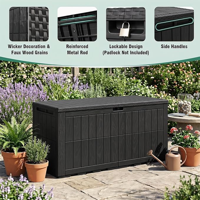 Tangkula 120 Gallon Outdoor Storage Box, Waterproof PP Resin Patio Storage Box with Lockable Lid for Indoor & Outdoor Use, 2-in-1 Rattan Design Deck Box for Cushions, Garden Tools