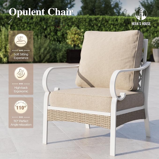HERA'S HOUSE 4-Piece Patio Furniture Set with Metal & Rattan Design, Includes 2 Fixed Chairs, 3-Seat Sofa & Marble Coffee Table, All-Weather Outdoor Conversation Set for Garden Backyard, Beige